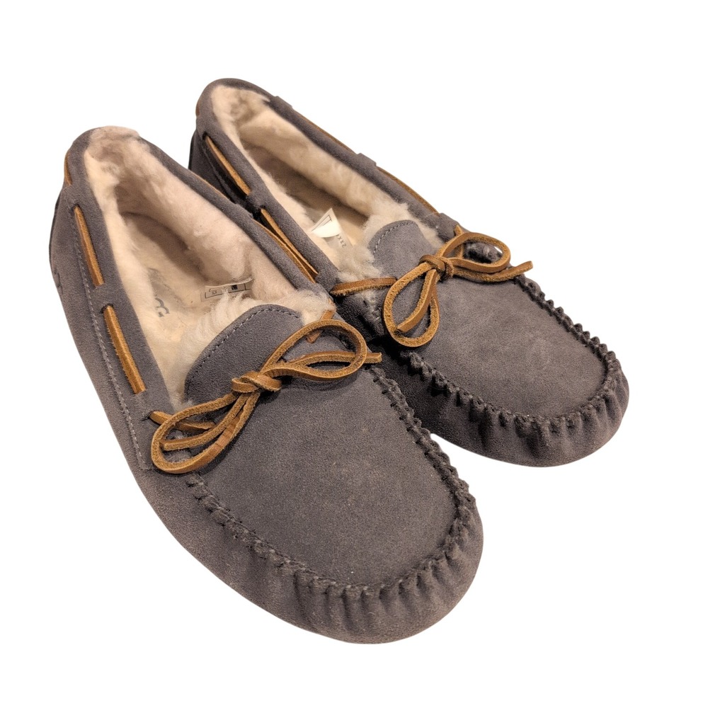 UGG Australia Women's Gray‎ Suede Sheepskin Lined Moccasin Slippers Size 8